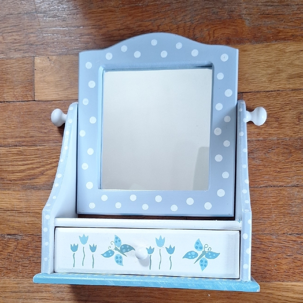Blue and White Polka Dot Vanity Mirror With Drawer